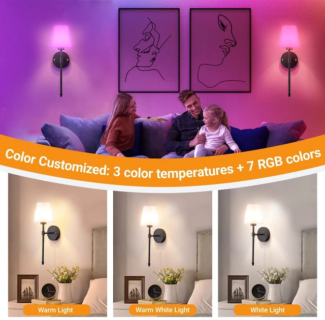 Alt view image 5 of 7 - Battery Operated Wall Sconce, Peel and Stick Sconces Set of 2 Wireless Adhesive Stick On Wall Sconce, 10000mAh Rechargeable RGB Bulb with Remote, No Drill Wall Light for Bedroom Decor