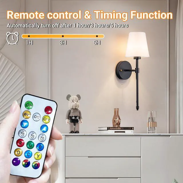 Alt view image 7 of 7 - Battery Operated Wall Sconce, Peel and Stick Sconces Set of 2 Wireless Adhesive Stick On Wall Sconce, 10000mAh Rechargeable RGB Bulb with Remote, No Drill Wall Light for Bedroom Decor