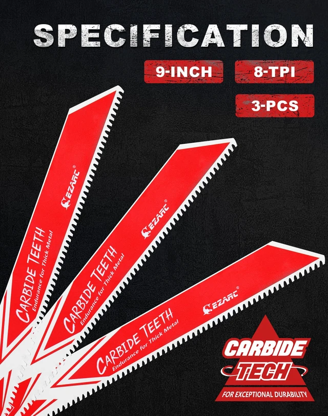 Alt view image 7 of 7 - Carbide Reciprocating Saw Blade R978HM Endurance for Thick Metal, Cast Iron, Alloy Steel 9-Inch 8TPI, 6-Pack