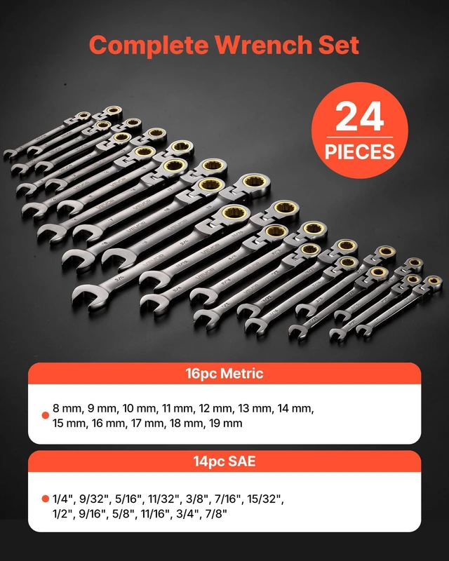 Alt view image 2 of 7 - 24-piece Ratcheting Wrench Set with 180° Flex Head, Anti-Slip Tooth, Combination Wrench Sets with Organizer Box, Metric 8-19mm & SAE 1/4-3/4", Nickel Plating