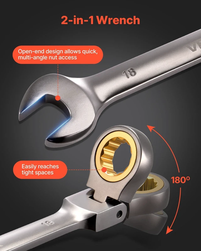 Alt view image 4 of 7 - 24-piece Ratcheting Wrench Set with 180° Flex Head, Anti-Slip Tooth, Combination Wrench Sets with Organizer Box, Metric 8-19mm & SAE 1/4-3/4", Nickel Plating