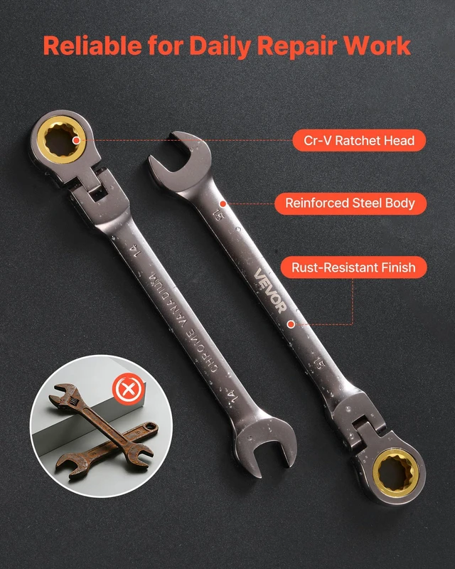 Alt view image 5 of 7 - 24-piece Ratcheting Wrench Set with 180° Flex Head, Anti-Slip Tooth, Combination Wrench Sets with Organizer Box, Metric 8-19mm & SAE 1/4-3/4", Nickel Plating