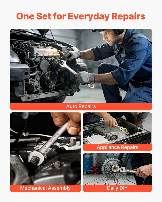 Alt view image 6 of 7 - 24-piece Ratcheting Wrench Set with 180° Flex Head, Anti-Slip Tooth, Combination Wrench Sets with Organizer Box, Metric 8-19mm & SAE 1/4-3/4", Nickel Plating