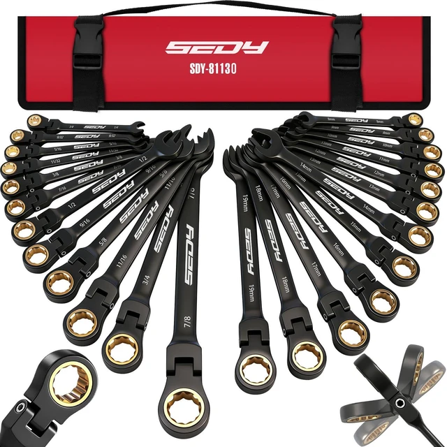 Main image of Premium 24-Piece Flex-Head Ratcheting Wrench Set, Metric(819mm)& SAE(1/4-7/8") Combination Wrenches, 72-Tooth CR-V Steel with Durable Black Finish, Ratchet Spanners with Roll-Up Tool Pouch for Repair