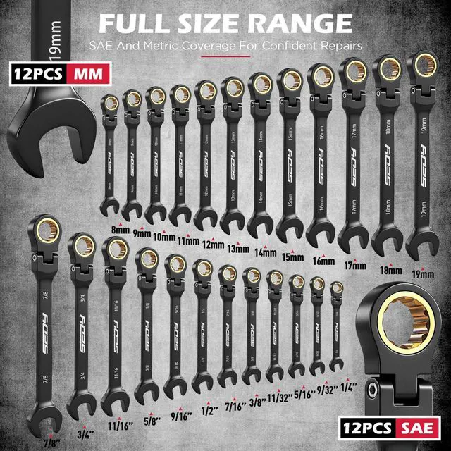 Alt view image 2 of 7 - Premium 24-Piece Flex-Head Ratcheting Wrench Set, Metric(819mm)& SAE(1/4-7/8") Combination Wrenches, 72-Tooth CR-V Steel with Durable Black Finish, Ratchet Spanners with Roll-Up Tool Pouch for Repair