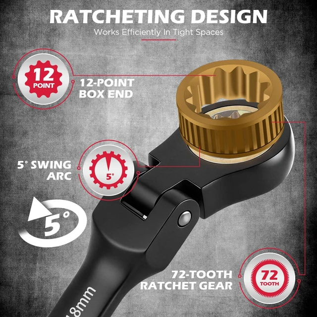 Alt view image 4 of 7 - Premium 24-Piece Flex-Head Ratcheting Wrench Set, Metric(819mm)& SAE(1/4-7/8") Combination Wrenches, 72-Tooth CR-V Steel with Durable Black Finish, Ratchet Spanners with Roll-Up Tool Pouch for Repair