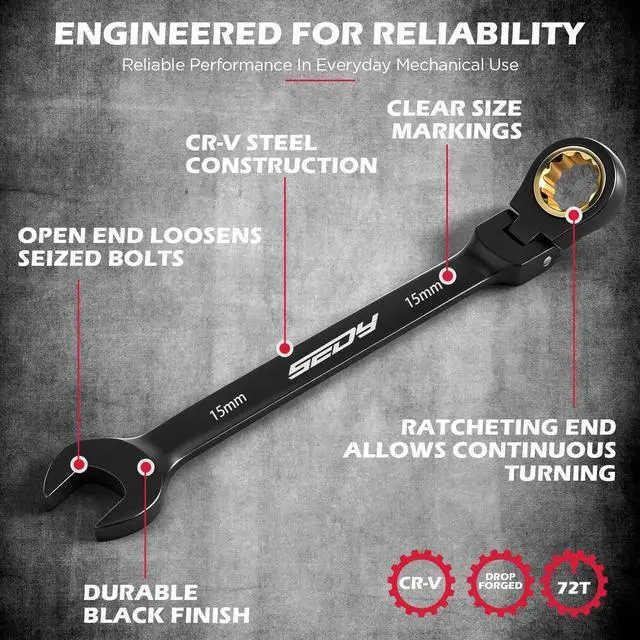 Alt view image 5 of 7 - Premium 24-Piece Flex-Head Ratcheting Wrench Set, Metric(819mm)& SAE(1/4-7/8") Combination Wrenches, 72-Tooth CR-V Steel with Durable Black Finish, Ratchet Spanners with Roll-Up Tool Pouch for Repair
