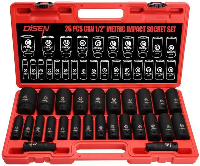 Main image of 26 Pcs Metric 1/2" Impact Socket Set 10mm - 36mm Deep Sockets Set Impact, 6-Point,Cr-V,Rugged Construction 1/2 Inches Drive Socket