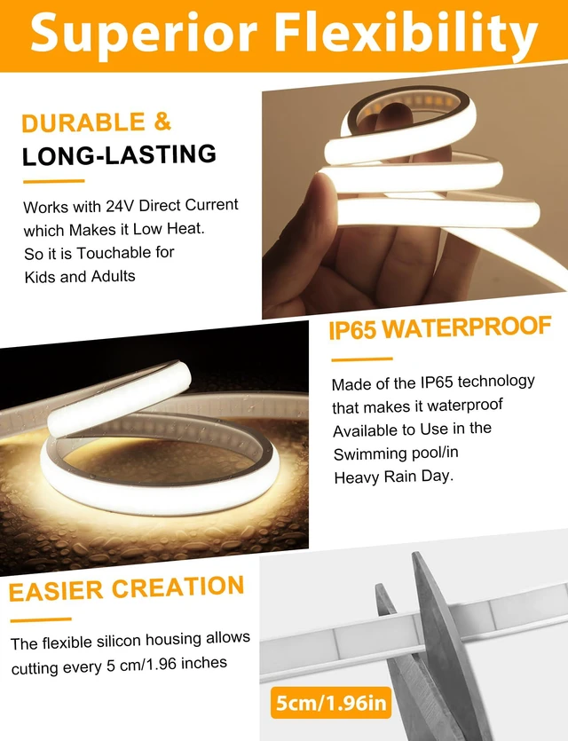Alt view image 6 of 7 - COB LED Strip Lights 65.6ft, Natural White Rope with Remote, 2 Roll Self-Adhesive, Quick Connect, Waterproof, 4000K, 24V Flexible Silicone Neon Tape for Bedroom, Cabinet, 10mm Wide, CRI 90+
