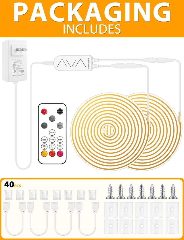 Alt view image 5 of 7 - COB LED Strip Lights 65.6Ft, 2 Roll Warm White Dimmable Self-Adhesive Led Rope Light with Remote, Flexible Cuttable Waterproof 3000K Silicone Neon Tape Lights for Bedroom, Indoor, Cabinet