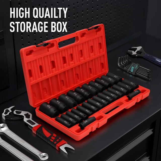 Alt view image 5 of 7 - 26 Pcs Metric 1/2" Impact Socket Set 10mm - 36mm Deep Sockets Set Impact, 6-Point,Cr-V,Rugged Construction 1/2 Inches Drive Socket