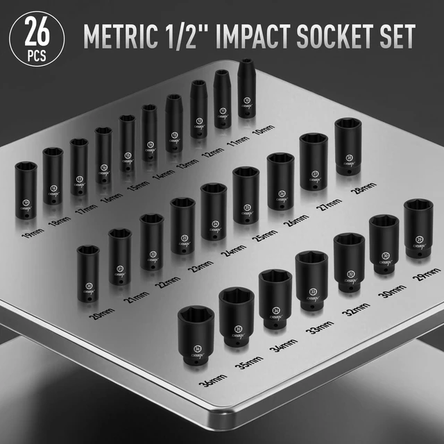 Alt view image 7 of 7 - 26 Pcs Metric 1/2" Impact Socket Set 10mm - 36mm Deep Sockets Set Impact, 6-Point,Cr-V,Rugged Construction 1/2 Inches Drive Socket