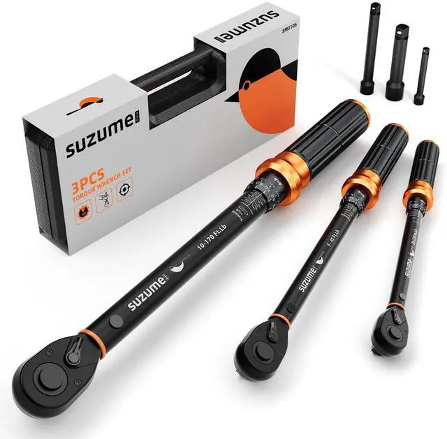 Main image of Torque Wrench Set 1/2 3/8 1/4 Inch Drive Click ±3% Accuracy 10170 Ft.lb, 545 Ft.lb, 20220 In.lb, Dual-Direction, 3 Extension Bars Dual-Scale for Car,Moto,Truck,Spark Plug,Bike Repair