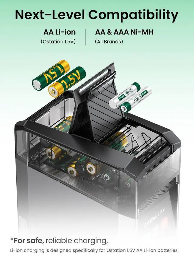 Alt view image 3 of 7 - 2 Smart AA AAA Battery Charging Station for NiMH Lithium Batteries 3-in-1 Battery Charger with Polarity-Free, Auto Detection, Storage Organizer, Fast Charging for Gamers & Smart Homes