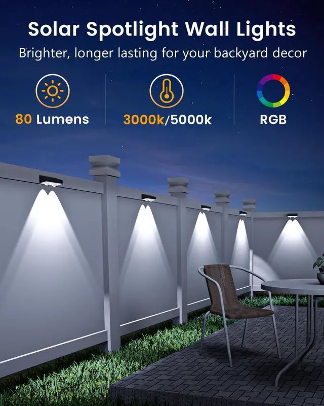 Alt view image 2 of 6 - Solar Fence Lights Outdoor Waterproof, 80 Lumens Solar Lights for Fence with Warm White & RGB 8 Colors,Outdoor Solar Light for Deck, Patio, Backyard, Fence, Railing (12-Pack-Black)
