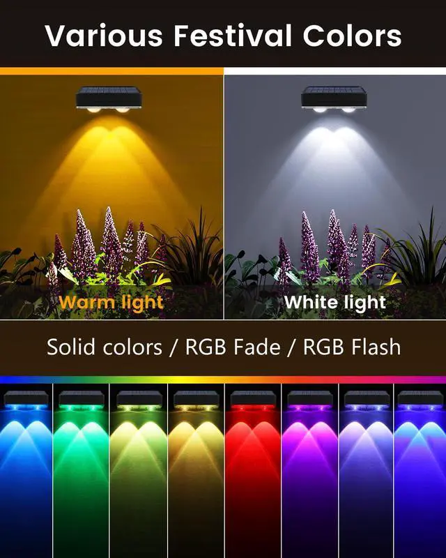 Alt view image 3 of 6 - Solar Fence Lights Outdoor Waterproof, 80 Lumens Solar Lights for Fence with Warm White & RGB 8 Colors,Outdoor Solar Light for Deck, Patio, Backyard, Fence, Railing (12-Pack-Black)