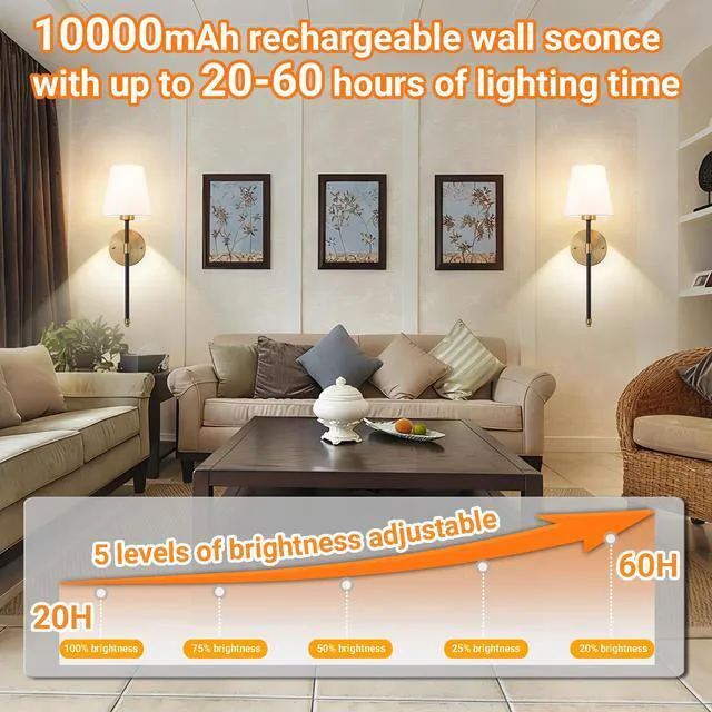 Alt view image 6 of 7 - Battery Operated Wall Sconce, Peel and Stick Sconces Set of 2 Wireless Adhesive Stick On Wall Sconce, 10000mAh Rechargeable RGB Bulb with Remote, No Drill Wall Light for Bedroom Decor