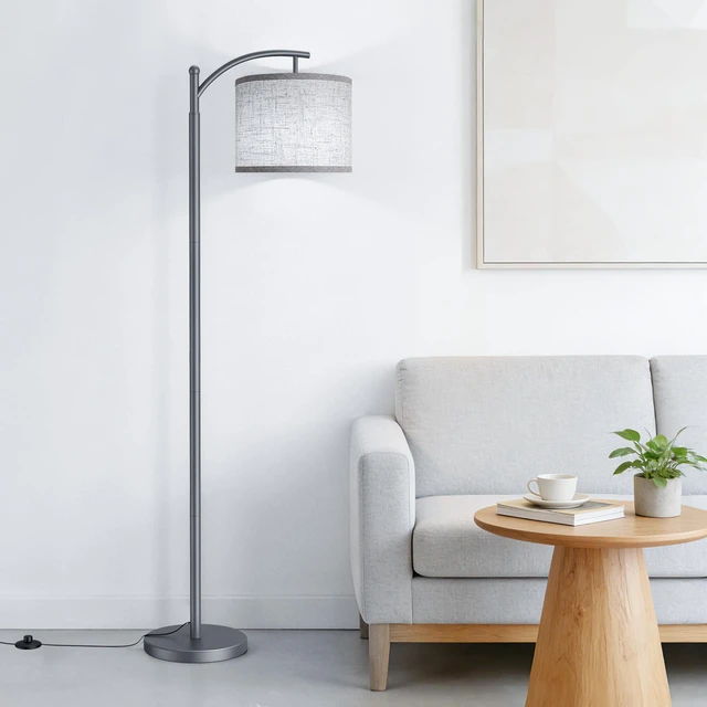 Alt view image 6 of 7 - Floor Lamp for Living Room with 3 Color Temperatures LED Bulb, Standing Lamp Tall Industrial Floor Lamp Reading for Bedroom, Office (9W LED Bulb, Beige Lampshade Included) -Grey