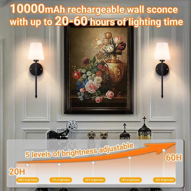 Alt view image 6 of 7 - Battery Operated Wall Sconce, Peel and Stick Sconces Set of 2 Wireless Adhesive Stick On Wall Sconce, 10000mAh Rechargeable RGB Bulb with Remote, No Drill Wall Light for Bedroom Decor