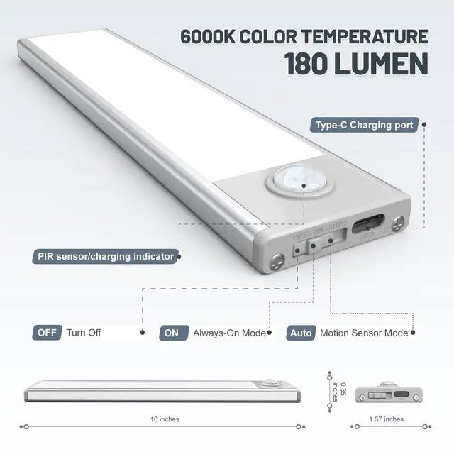 Alt view image 3 of 7 - 16 inch Under Cabinet Lighting, 6 Pack Motion Sensor Light Indoor Rechargeable Magnetic Closet Lights Battery Operated, Under Counter Lights for Kitchen, Wardrobe, Hallway, Stairs White Light