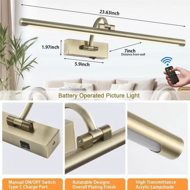 Alt view image 2 of 7 - Antique Bronze Picture Light, 23.6 Inch Remote Control Painting Lights for Wall Cordless, 3CCT Dimmable Wall Lights for Pictures, Rechargeable Art Light for Pictures On Wall with Timer