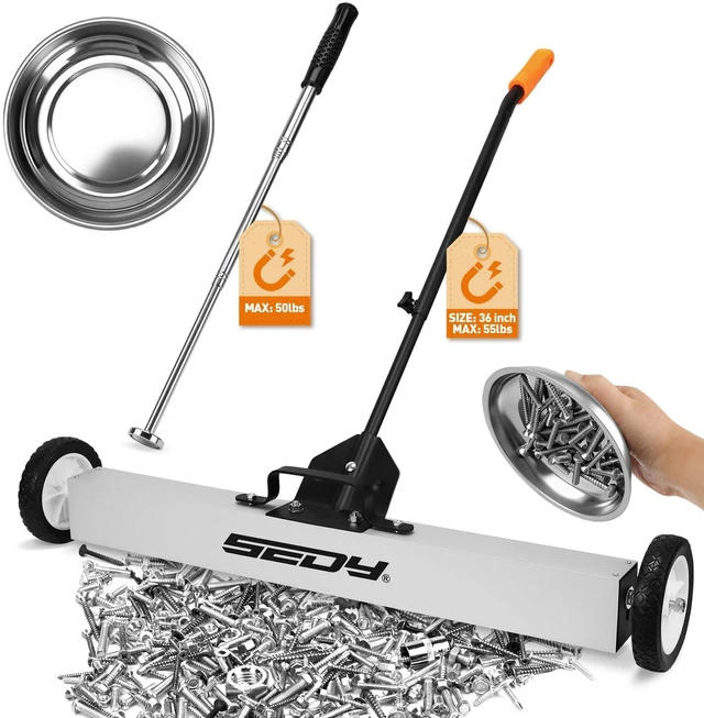 Main image of 36-Inch Rolling Magnetic Sweeper | 40-Inch Telescoping Magnetic Pickup Tool | Magnetic Trays | 55-Pound Capacity Pick-up Sweeper for Nails, Screws & Metal Debris Workshop Garage Yard (3 Pack)