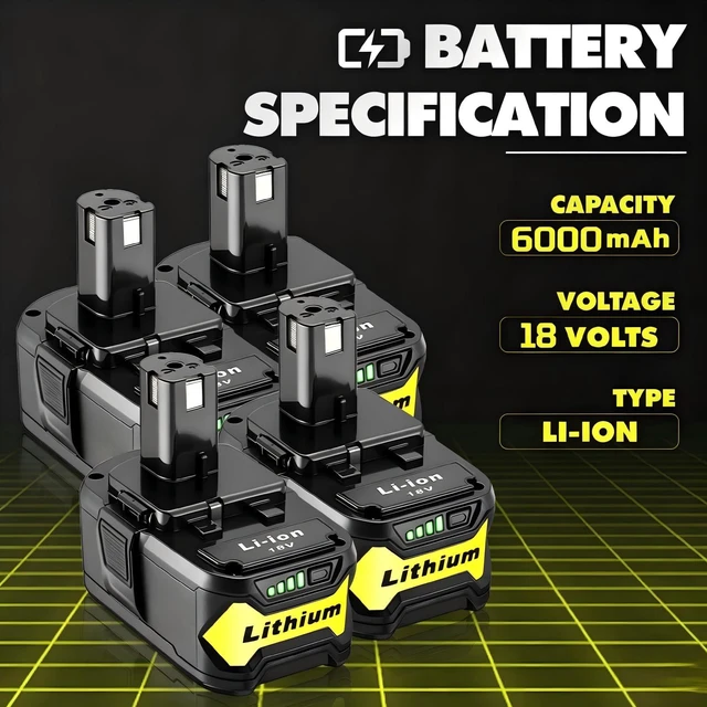 Alt view image 2 of 6 - 4 Packs Upgraded 6000mAh P108 Replacement for Ryobi 18V Battery, Compatible with Ryobi 18V ONE+ System Cordless Power Tools and Charger