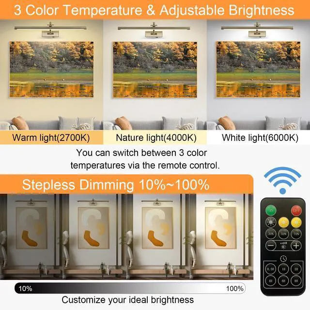 Alt view image 4 of 7 - Antique Bronze Picture Light, 23.6 Inch Remote Control Painting Lights for Wall Cordless, 3CCT Dimmable Wall Lights for Pictures, Rechargeable Art Light for Pictures On Wall with Timer
