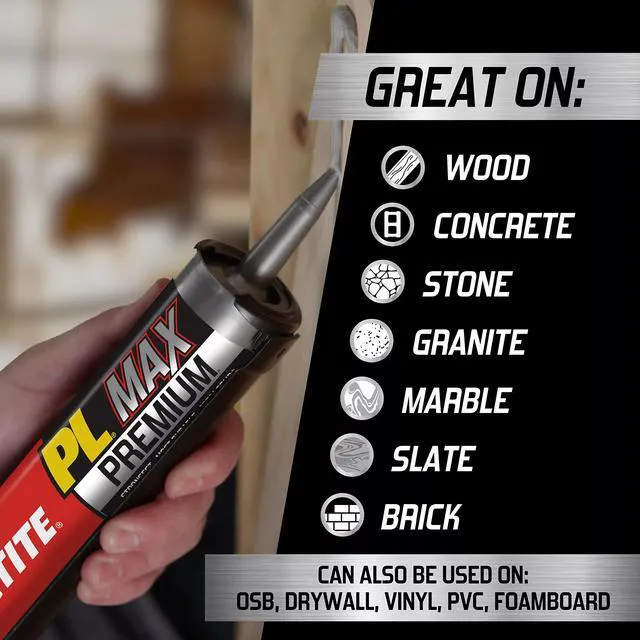 Alt view image 3 of 7 - PL Premium Max Construction Adhesive, 9 fl oz Cartridge, 6 Pack - Versatile Construction Glue for Wood, Concrete, Stone & More
