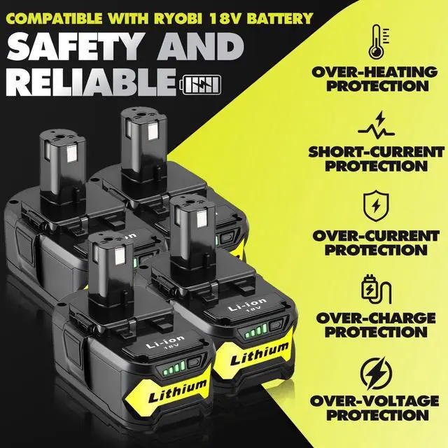 Alt view image 5 of 6 - 4 Packs Upgraded 6000mAh P108 Replacement for Ryobi 18V Battery, Compatible with Ryobi 18V ONE+ System Cordless Power Tools and Charger
