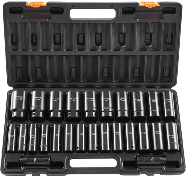 Main image of 1/2" Drive Impact Socket Set, 26 Piece, Metric 10 to 36 mm Deep Large Jumbo Impact Sockets, 6 Point, Cr-V, Easy-to-Read Size Markings, Rugged Construction, with Storage Case