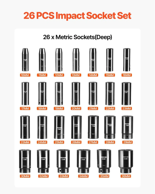 Alt view image 3 of 7 - 1/2" Drive Impact Socket Set, 26 Piece, Metric 10 to 36 mm Deep Large Jumbo Impact Sockets, 6 Point, Cr-V, Easy-to-Read Size Markings, Rugged Construction, with Storage Case