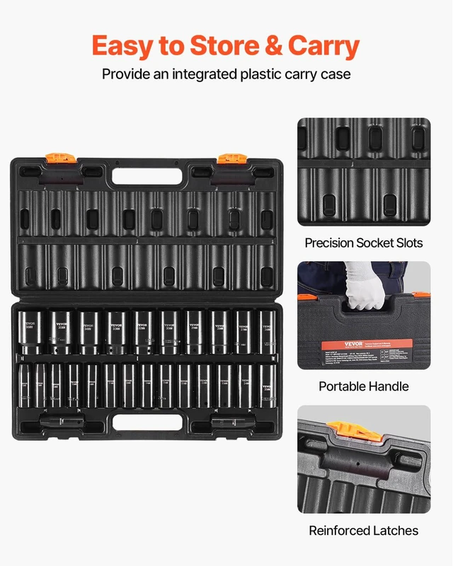 Alt view image 6 of 7 - 1/2" Drive Impact Socket Set, 26 Piece, Metric 10 to 36 mm Deep Large Jumbo Impact Sockets, 6 Point, Cr-V, Easy-to-Read Size Markings, Rugged Construction, with Storage Case