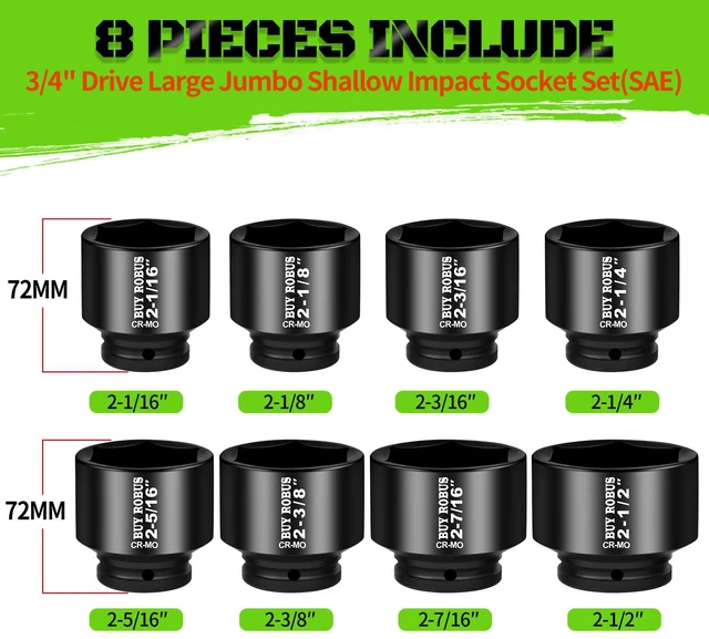 Alt view image 2 of 7 - 3/4 Drive Stubby Impact Socket Set, 8 PCS Axle Nut Set 12point SAE Standard Sizes 2-1/16, 2-1/8, 2-3/16, 2-1/4, 2-5/16, 2-3/8, 2-7/16, 2-1/2, Heavy Duty Use In Removing And Installing Axle Nuts
