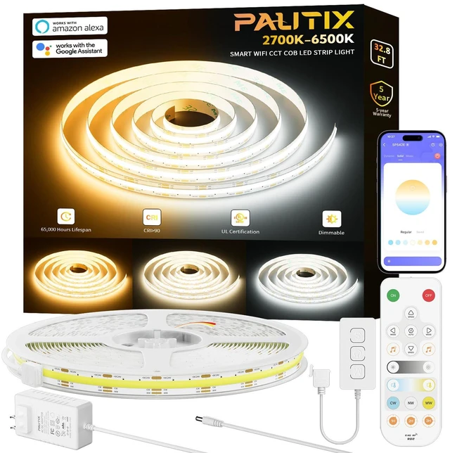 Main image of CCT COB LED Strip Light White Tunable 6400LEDs,CRI90+ 32.8ft/10m Dimmable 2700K-6500K 24V LED Tape Lights Kit,Work with Alexa/Google Assistant,for Under Cabinet Bedroom Kitchen DIY Lighting