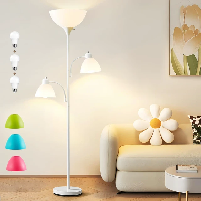 Main image of White Floor Lamp, 72" Tall Standing Floor Lamp with 5 Replace Lampshades Torchiere Lamps with 8W Adjustable Reading Lights, Floor Lamps for Living Room, Bedroom, Office, Bulbs Included