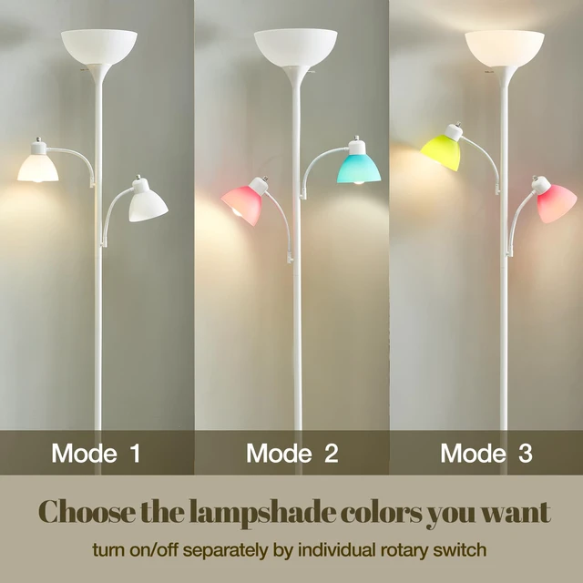Alt view image 2 of 7 - White Floor Lamp, 72" Tall Standing Floor Lamp with 5 Replace Lampshades Torchiere Lamps with 8W Adjustable Reading Lights, Floor Lamps for Living Room, Bedroom, Office, Bulbs Included