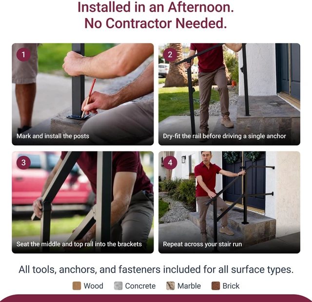 Alt view image 4 of 7 - CR Fence & Rail Handrails for Outdoor Steps & Indoor Stair Railing Kit, 1-2 Steps Safety Hand Rail for Porch & Deck (Pack of 2)