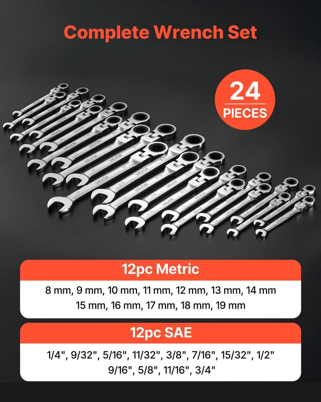 Alt view image 2 of 7 - 24-piece Ratcheting Wrench Set with 180° Flex Head, Anti-Slip Tooth, Combination Wrench Sets with Organizer Box, Metric 8-19mm & SAE 1/4-3/4", Polished
