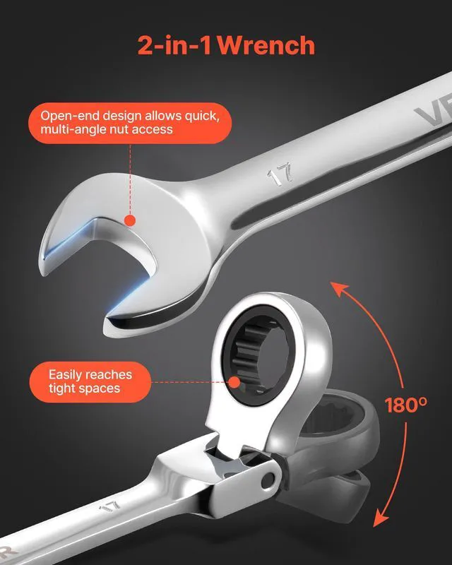 Alt view image 4 of 7 - 24-piece Ratcheting Wrench Set with 180° Flex Head, Anti-Slip Tooth, Combination Wrench Sets with Organizer Box, Metric 8-19mm & SAE 1/4-3/4", Polished