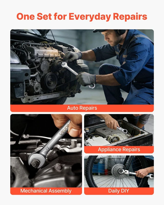 Alt view image 6 of 7 - 24-piece Ratcheting Wrench Set with 180° Flex Head, Anti-Slip Tooth, Combination Wrench Sets with Organizer Box, Metric 8-19mm & SAE 1/4-3/4", Polished