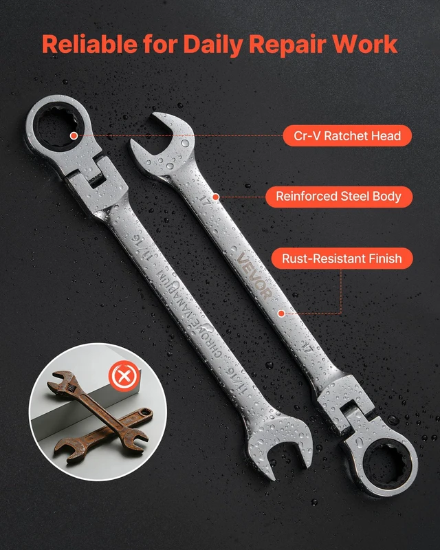 Alt view image 5 of 7 - 24-piece Ratcheting Wrench Set with 180° Flex Head, Anti-Slip Tooth, Combination Wrench Sets with Organizer Box, Metric 8-19mm & SAE 1/4-3/4", Polished