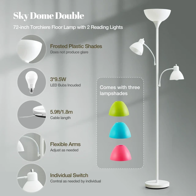 Alt view image 3 of 7 - White Floor Lamp, 72" Tall Standing Floor Lamp with 5 Replace Lampshades Torchiere Lamps with 8W Adjustable Reading Lights, Floor Lamps for Living Room, Bedroom, Office, Bulbs Included