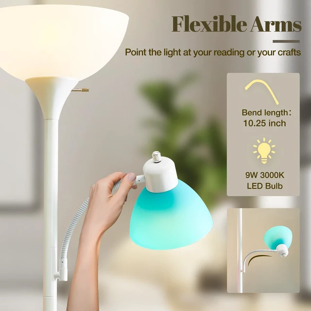 Alt view image 4 of 7 - White Floor Lamp, 72" Tall Standing Floor Lamp with 5 Replace Lampshades Torchiere Lamps with 8W Adjustable Reading Lights, Floor Lamps for Living Room, Bedroom, Office, Bulbs Included