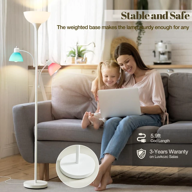 Alt view image 5 of 7 - White Floor Lamp, 72" Tall Standing Floor Lamp with 5 Replace Lampshades Torchiere Lamps with 8W Adjustable Reading Lights, Floor Lamps for Living Room, Bedroom, Office, Bulbs Included