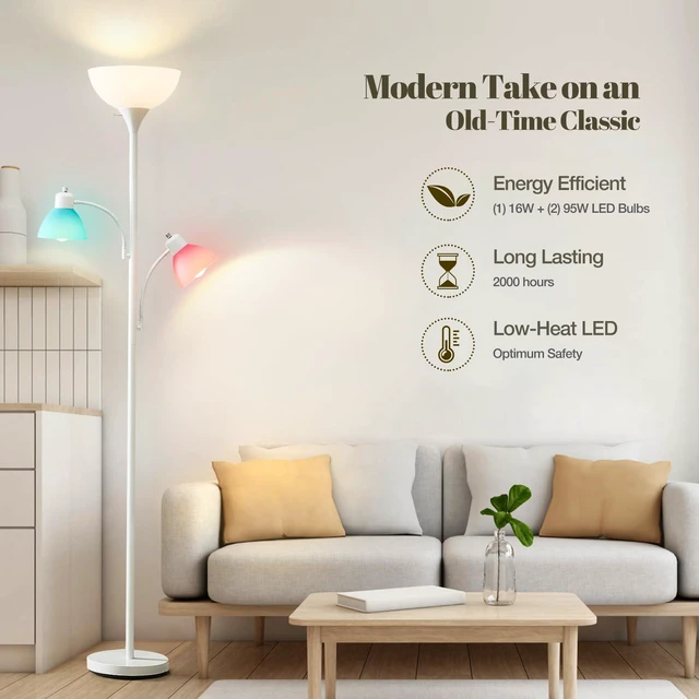 Alt view image 6 of 7 - White Floor Lamp, 72" Tall Standing Floor Lamp with 5 Replace Lampshades Torchiere Lamps with 8W Adjustable Reading Lights, Floor Lamps for Living Room, Bedroom, Office, Bulbs Included