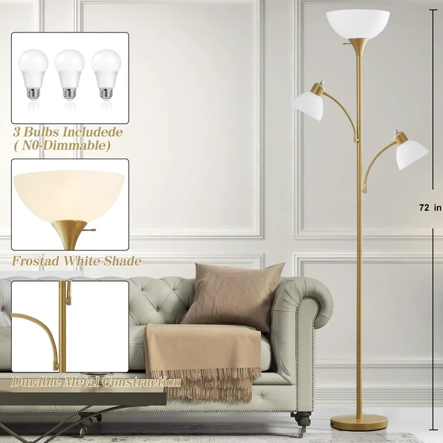 Alt view image 3 of 7 - Floor Lamps for Living Room, 72" Tall Standing Lamps, Torchiere Lamp 8W Adjustable Reading Lights, Modern Bright Floor Lamp for Bedroom, Office, Dresser, Gold&White, Bulbs Included