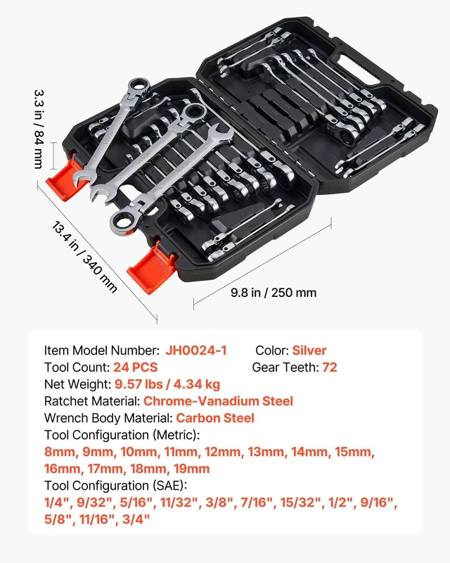 Alt view image 7 of 7 - 24-piece Ratcheting Wrench Set with 180° Flex Head, Anti-Slip Tooth, Combination Wrench Sets with Organizer Box, Metric 8-19mm & SAE 1/4-3/4", Polished
