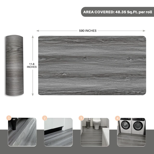 Alt view image 2 of 7 - Woodgrain Vinyl Floor Roll, 11.8" x 590", QuickApply Peel & Stick Cover 49 Sq.ft, Soft woodlook finish, Long rolls reduce seams, Work on many surfaces, Nonslip texture, Waterproof, Easy cut