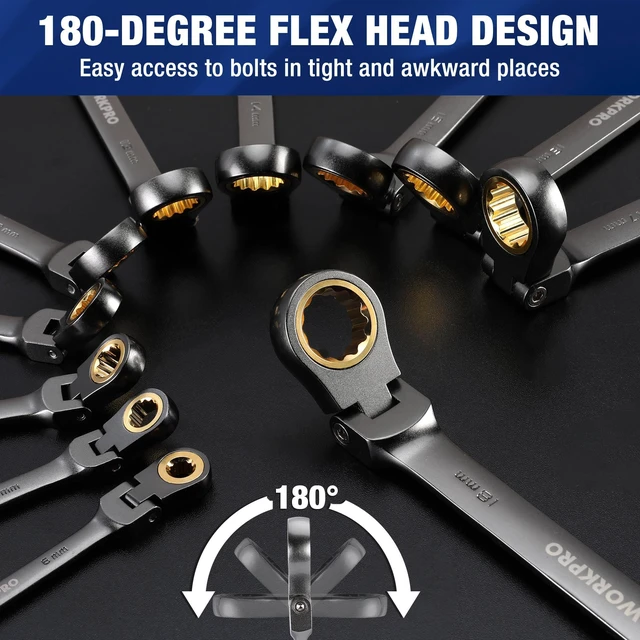 Alt view image 2 of 7 - 22-Piece Ratcheting Wrench Set, Flex-Head & Nickel Plating Metric & SAE (6-18 mm & 1/4-3/4''), 72 Teeth Cr-V Steel, Combination Wrench Set with Organizer Box for Auto Repair & Home DIY